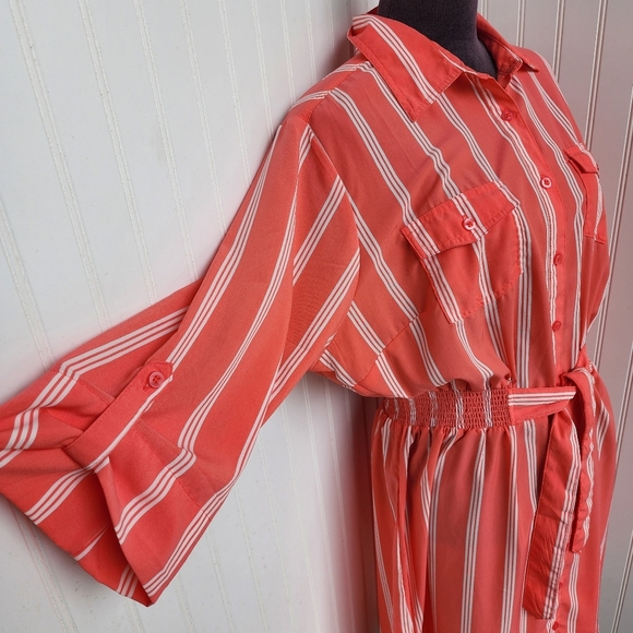 Millenium Shirt Dress Women Button Up Pockets Short Sleeve Striped Coral Pink 1X - Picture 4 of 15